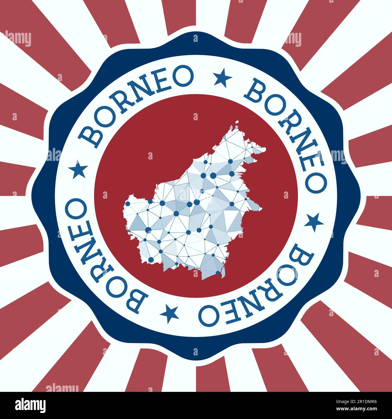 Distintivo Borneo. Logo rotondo dell'isola con mappa a maglia triangolare e raggi radiali. Vettore EPS10. Illustrazione Vettoriale