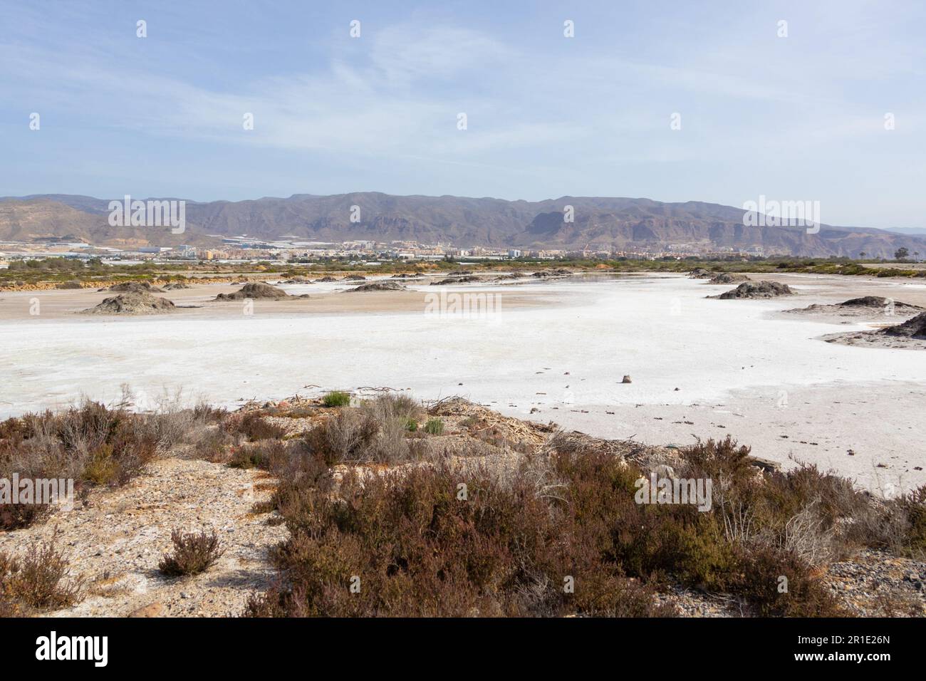 Abbandonati laghi salati, ora parte di una nuova riserva naturale, roquetas de mar, almeria, spagna Foto Stock