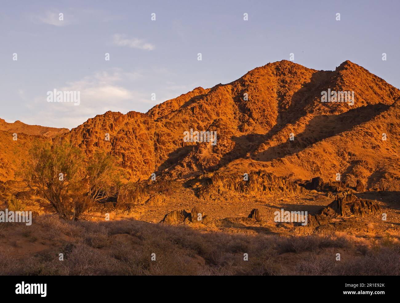 Le montagne rocciose scure del Richtersveld del Sudafrica, nella luce dorata del tardo pomeriggio Foto Stock