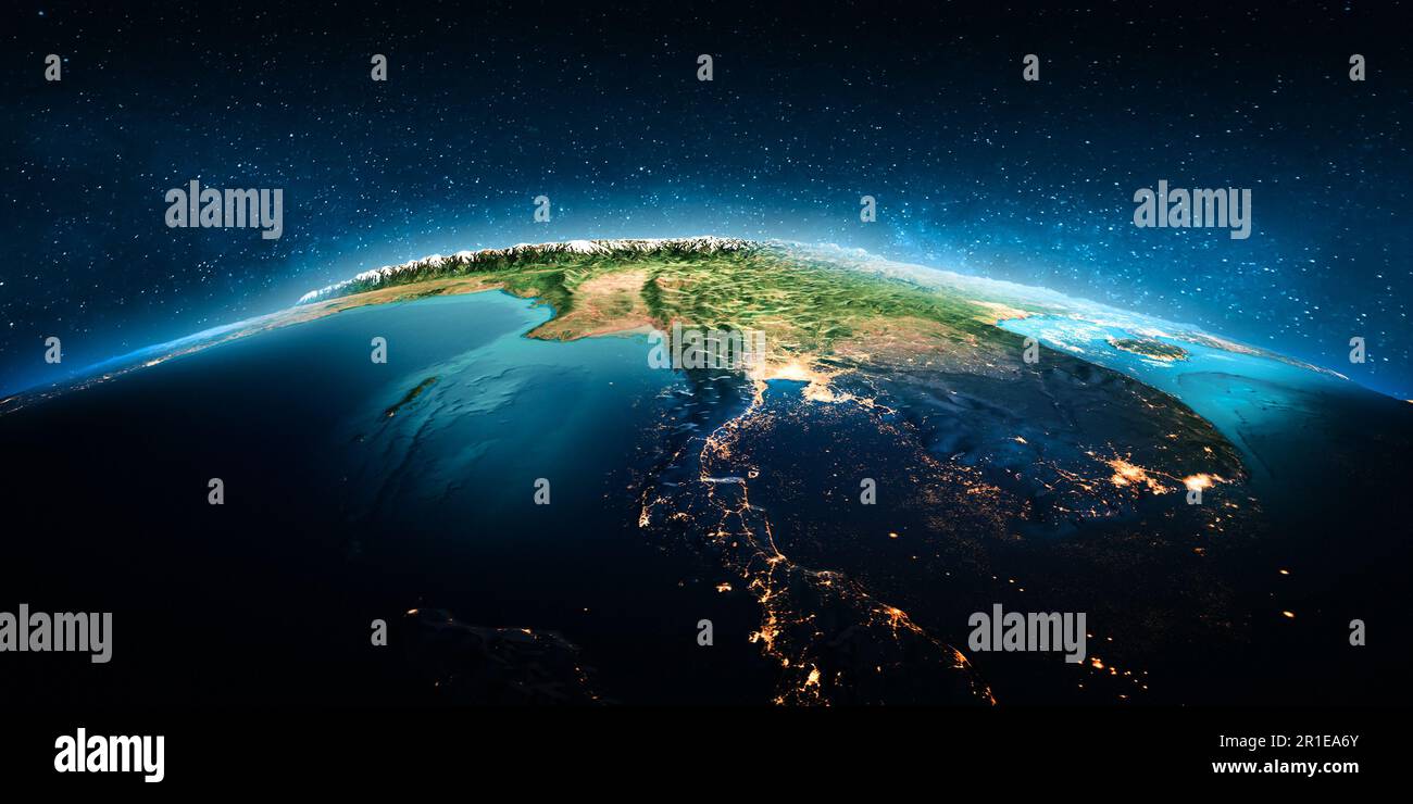 Luci della città del sud-est asiatico. Elementi di questa immagine forniti dalla NASA. rendering 3d Foto Stock