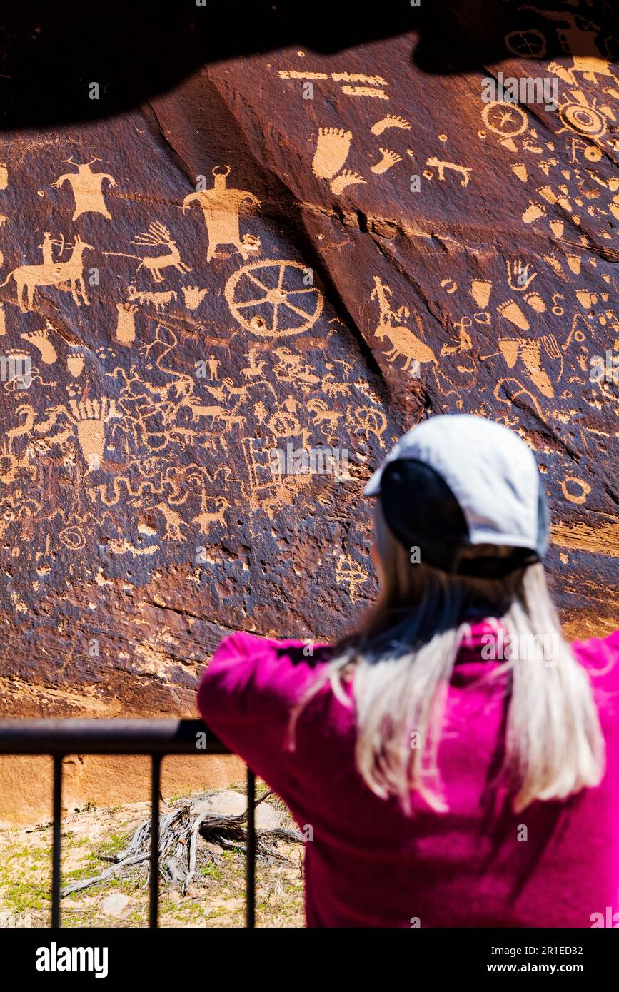 Senior female Tourist Studies Newspaper Rock Archaeological Site; Canyonlands National Park; Utah; USA Foto Stock