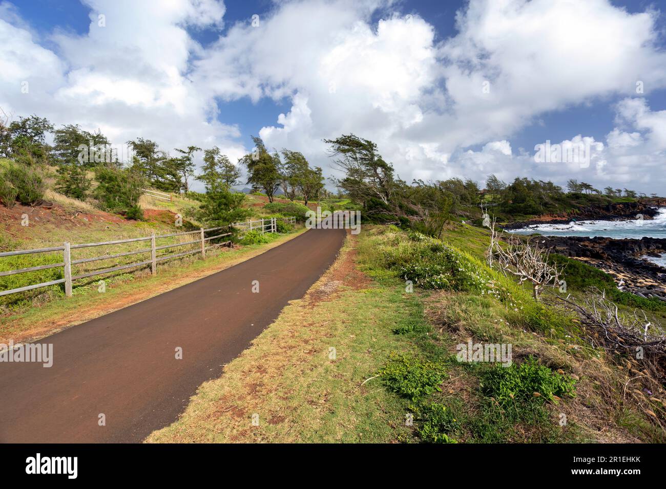 Kapaa Bike Path situato sull'isola di Kauai, Hawaii. Conosciuto anche come Ke Ala Hele Makalae. Percorso corre da Kapaa a Donkey Beach. Foto Stock