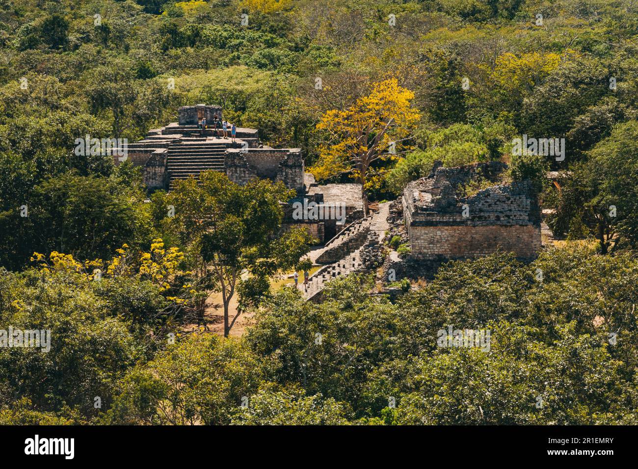 Vista dalla cima del tempio più alto del sito archeologico di Ekʼ Balam a Yucatan, Messico. Uno dei più alti della zona, salendo a 95 metri dal suolo Foto Stock