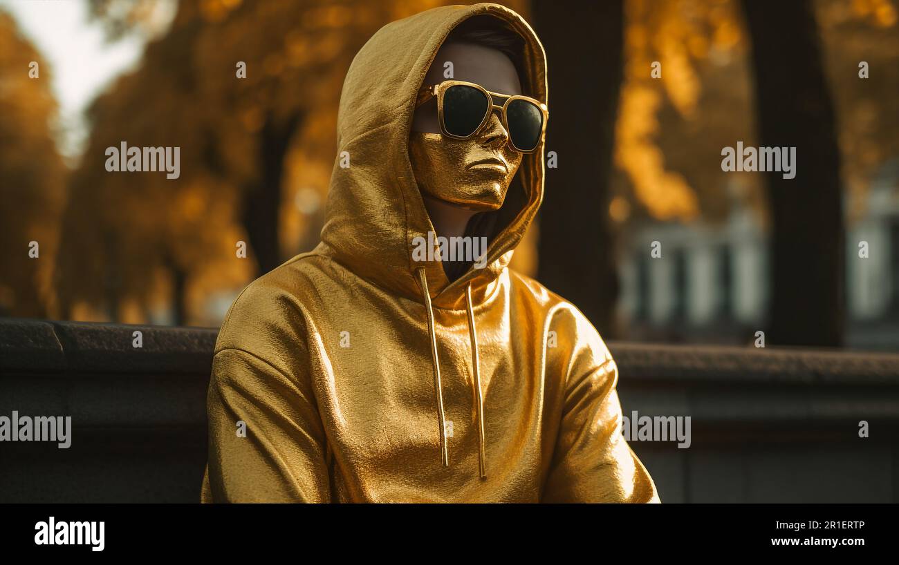 Anonimo creatore di bitcoin con Satoshi Nakamoto pseudonimo. Illustrazione  di una persona anonima con felpa con cappuccio e occhiali da sole in oro  Foto stock - Alamy
