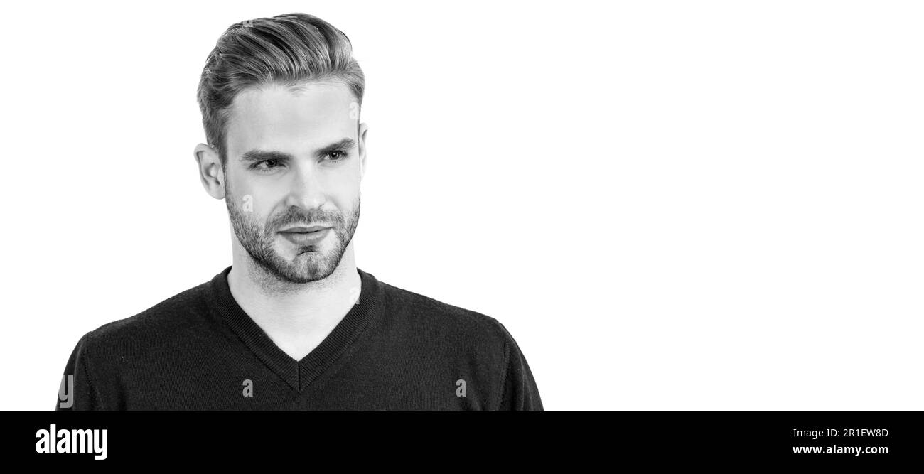 Il tuo aspetto è di tendenza. Bell'uomo isolato su bianco. Uomo volto ritratto, banner con spazio copia. Foto Stock