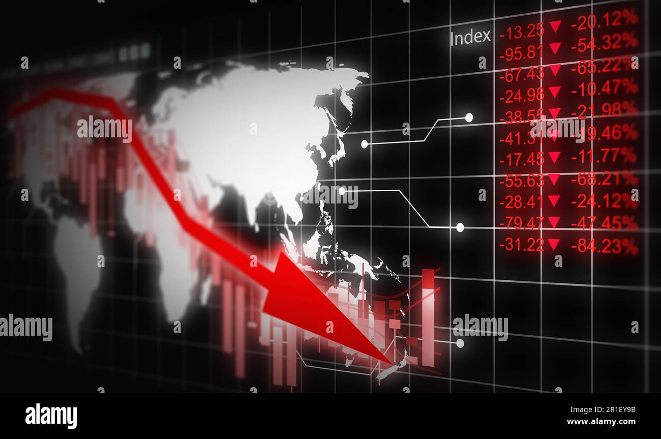 Concetto di recessione economica. Mappa del mondo e grafico finanziario a Freefall in mezzo alla crisi finanziaria globale e al crollo del mercato azionario Foto Stock