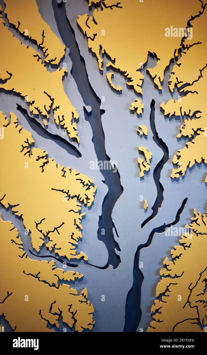Una mappa 3d gialla e blu della regione centrale e superiore di Chesapeake Bay nel Maryland. Foto Stock