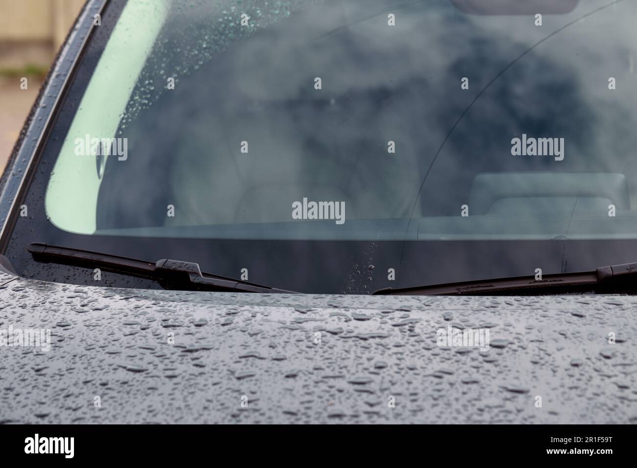 Tergicristalli per auto che puliscono le gocce d'acqua dal vetro del  parabrezza, dal primo piano Foto stock - Alamy