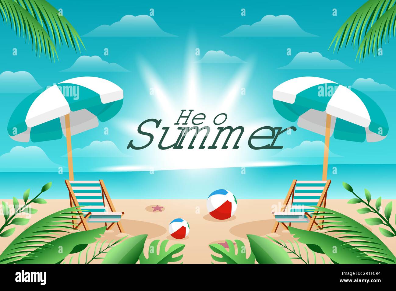 ciao estate illustrazione soleggiato spiaggia sfondo design con ombrello, seduta, palle, e foglie Illustrazione Vettoriale