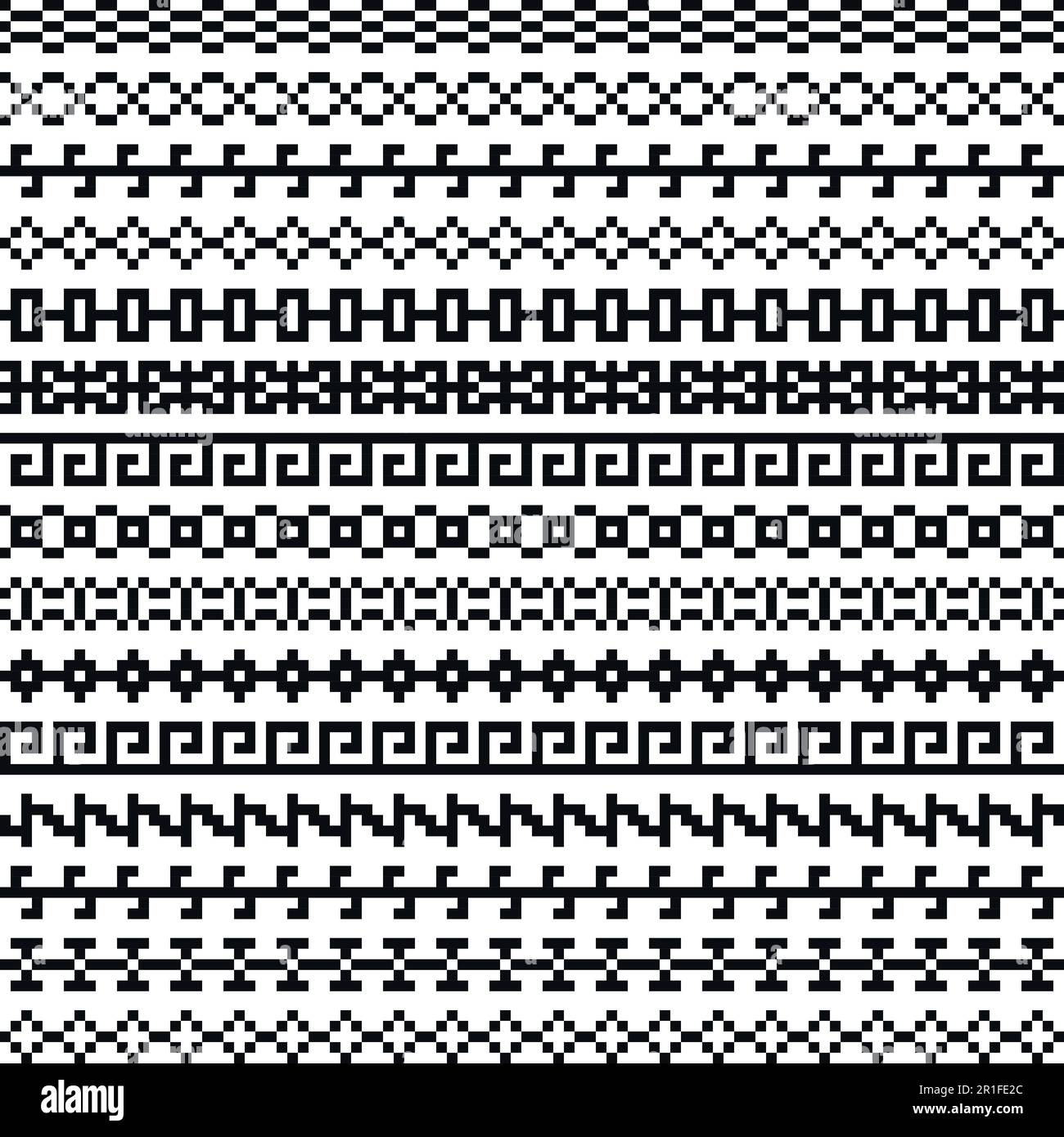 Vecchio confine greco, arte tribale vintage etnico senza cuciture modello, ornamenti reticolo asiatico, cinese, giapponese, coreano vettore set, Pixel nero senza cuciture e. Illustrazione Vettoriale
