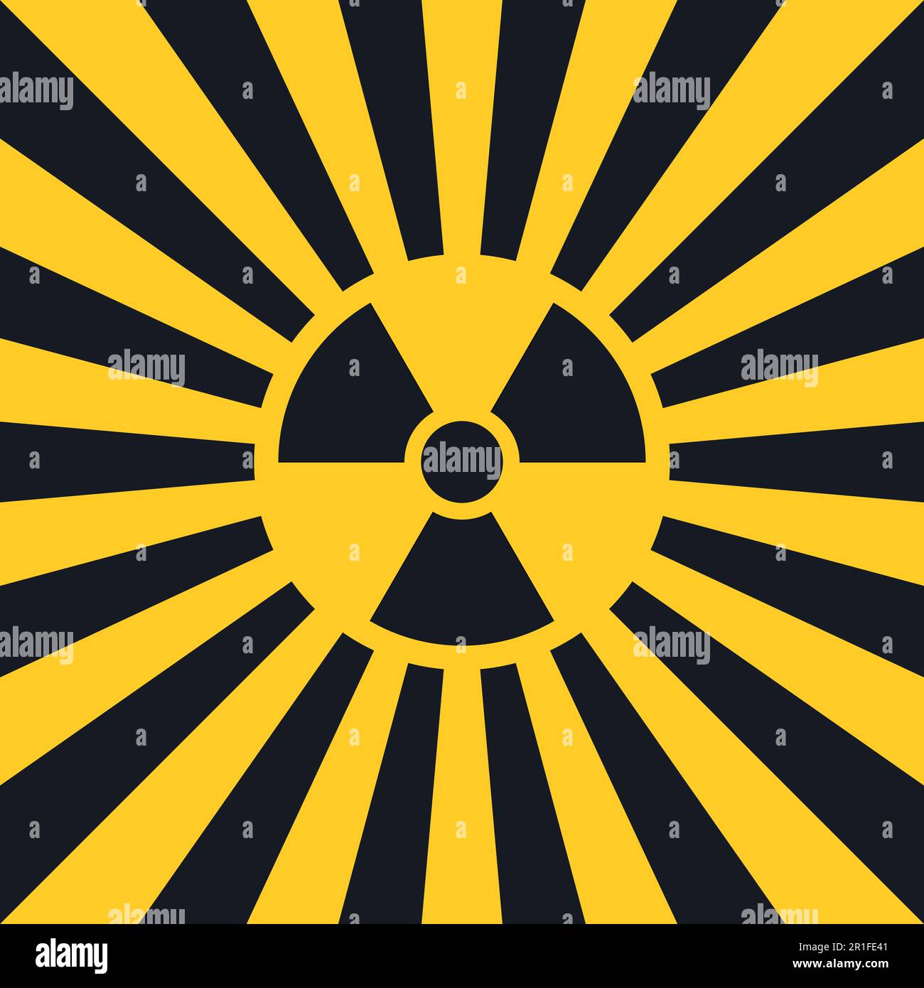 Segno radiazioni ionizzanti pericolose stile pop art, segno radiazioni ionizzanti vettoriali in raggi gialli e neri, simbolo di pericolo avvertimento di fondo Illustrazione Vettoriale