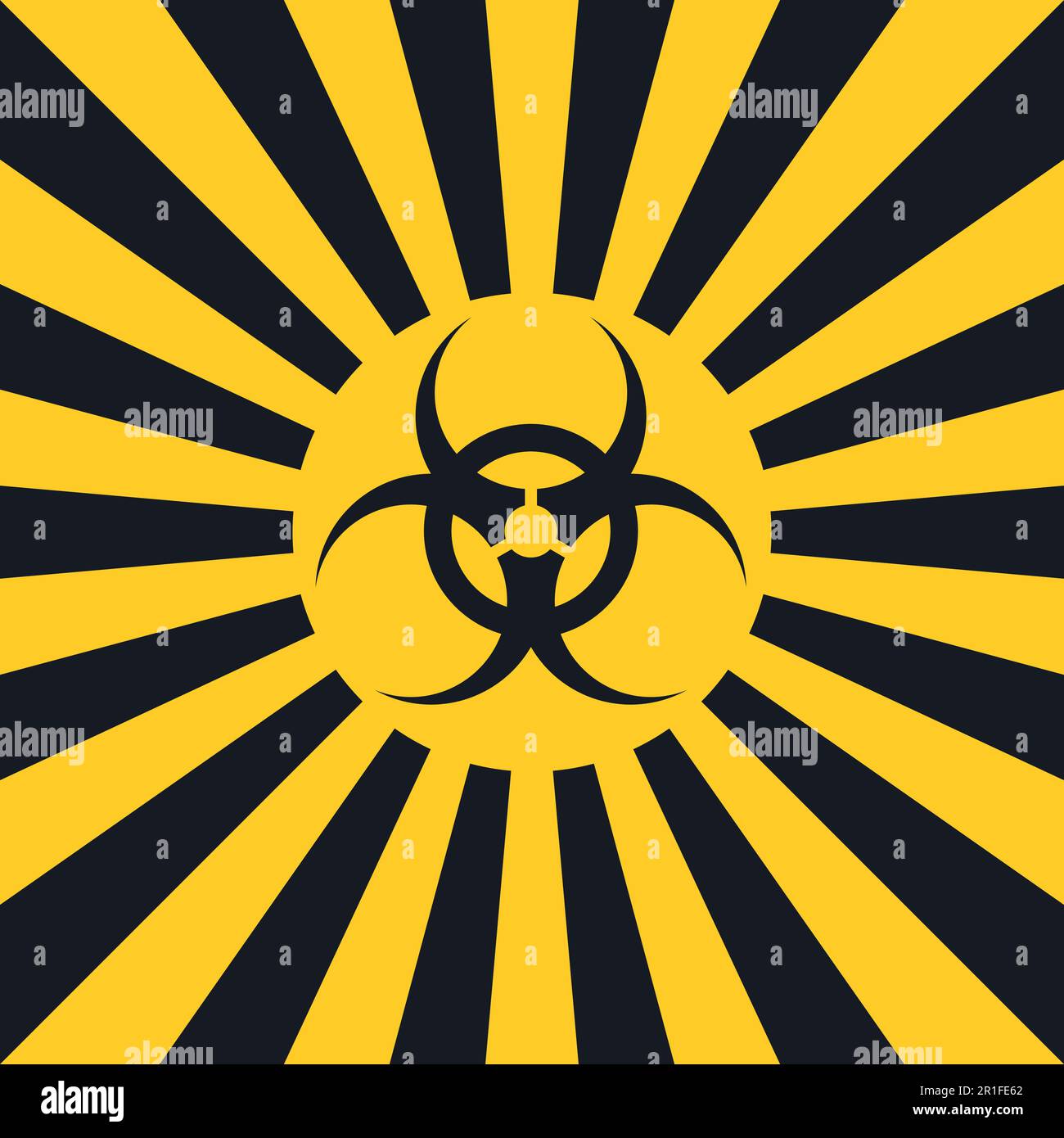 Simbolo di pericolo biologico stile pop art pericoloso, segno vettoriale ionizzante raggi biologici gialli e neri Illustrazione Vettoriale