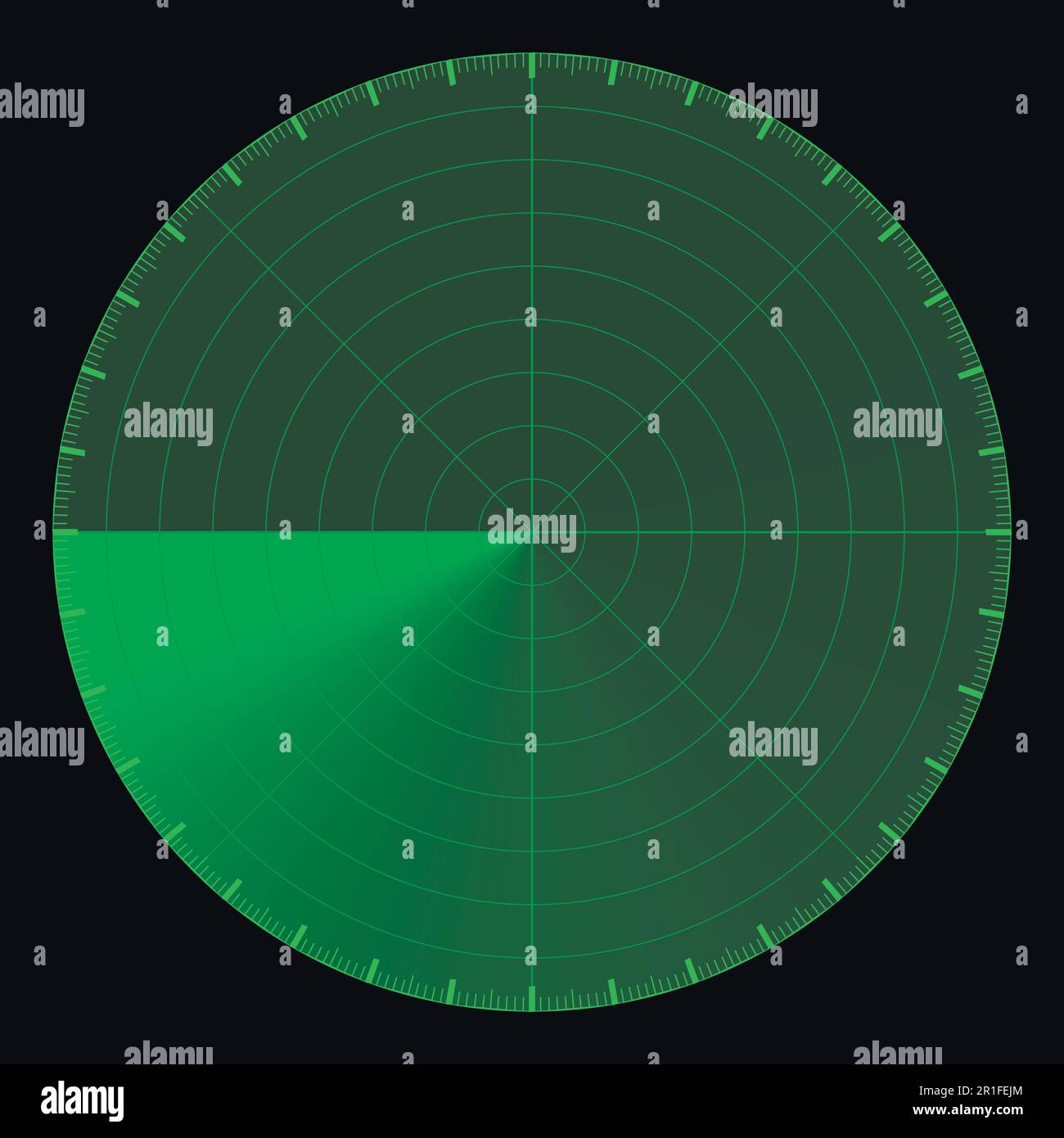 Schermo radar verde, scala circolare a 360 gradi, sonar radar a scansione attiva con modello vettoriale Illustrazione Vettoriale