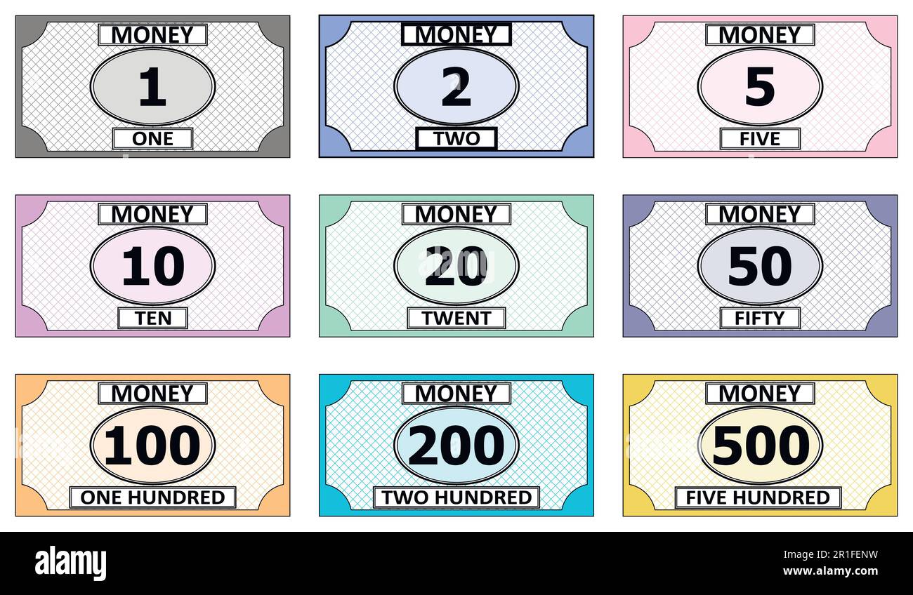 Set di banconote per il gioco da tavolo giochi vettoriali play money Bill per la famiglia gioco casa monopolio Illustrazione Vettoriale