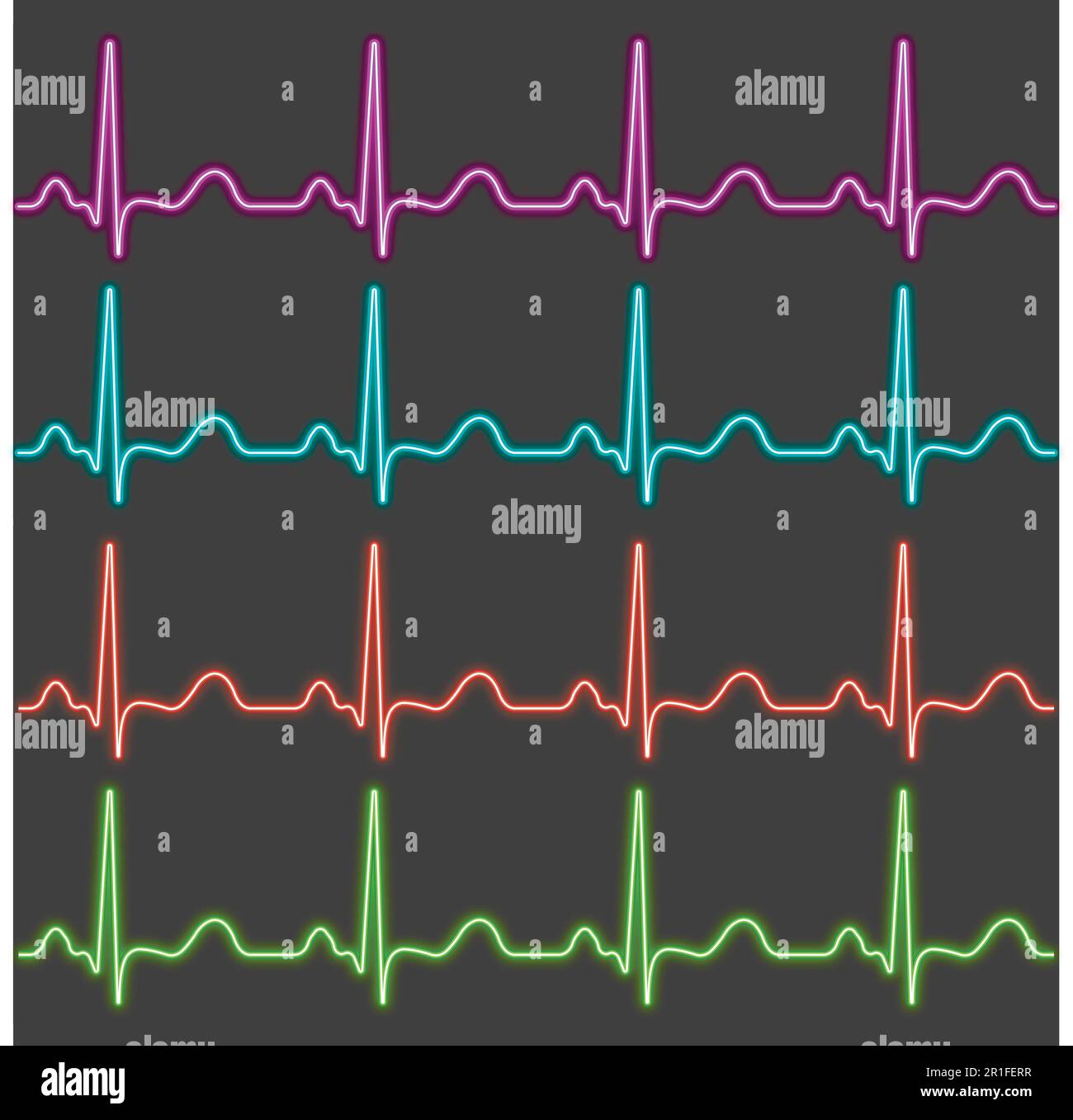 Set di cardiogrammi ECG al neon, impulso luminoso, ritmo della musica party, effetto battito cardiaco vettoriale al neon Illustrazione Vettoriale