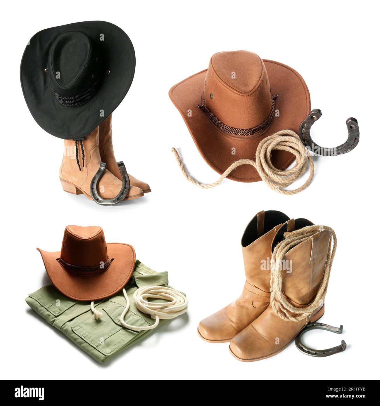 Collage di accessori cowboy su sfondo bianco Foto Stock