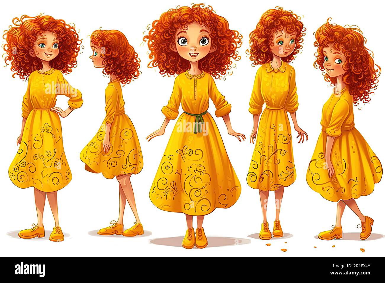 Una bambina , capelli ricci rossi, vestito giallo, pose diverse, immagine del corpo pieno, stile del libro dei bambini, illustrazione. Grafica vettoriale Foto Stock