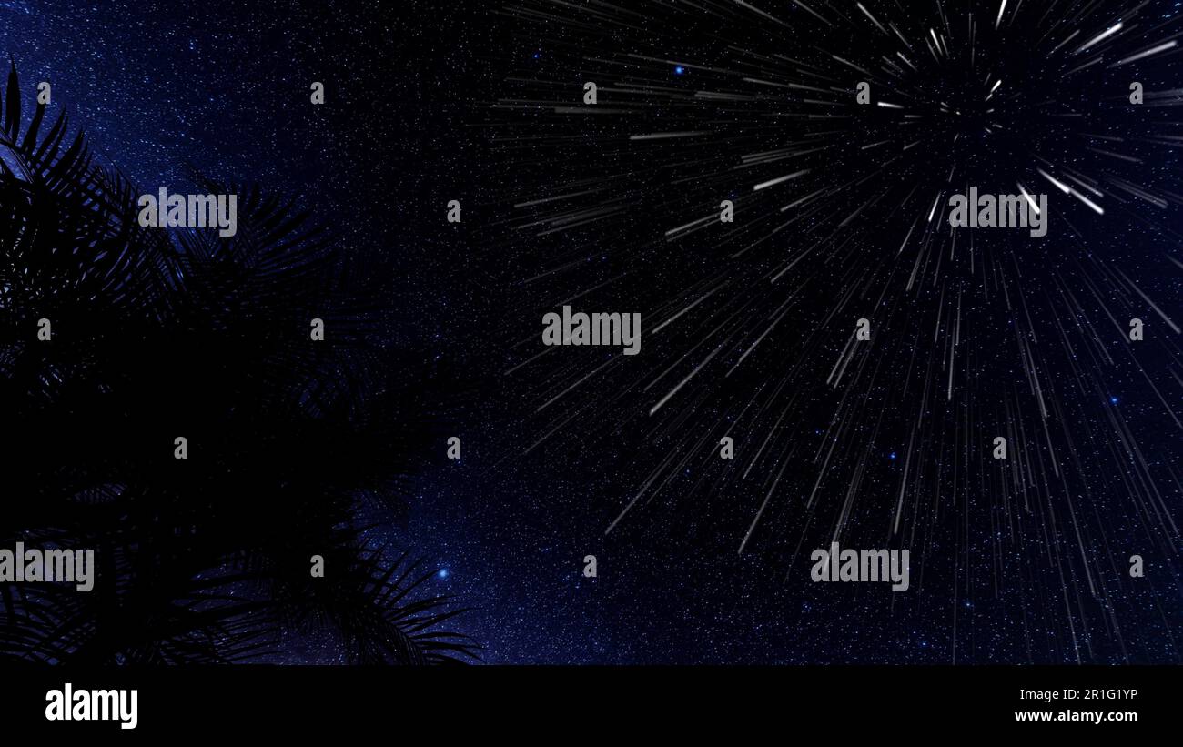 Starfall sullo sfondo del cielo stellato e foglie di palma 3D rendere Foto Stock