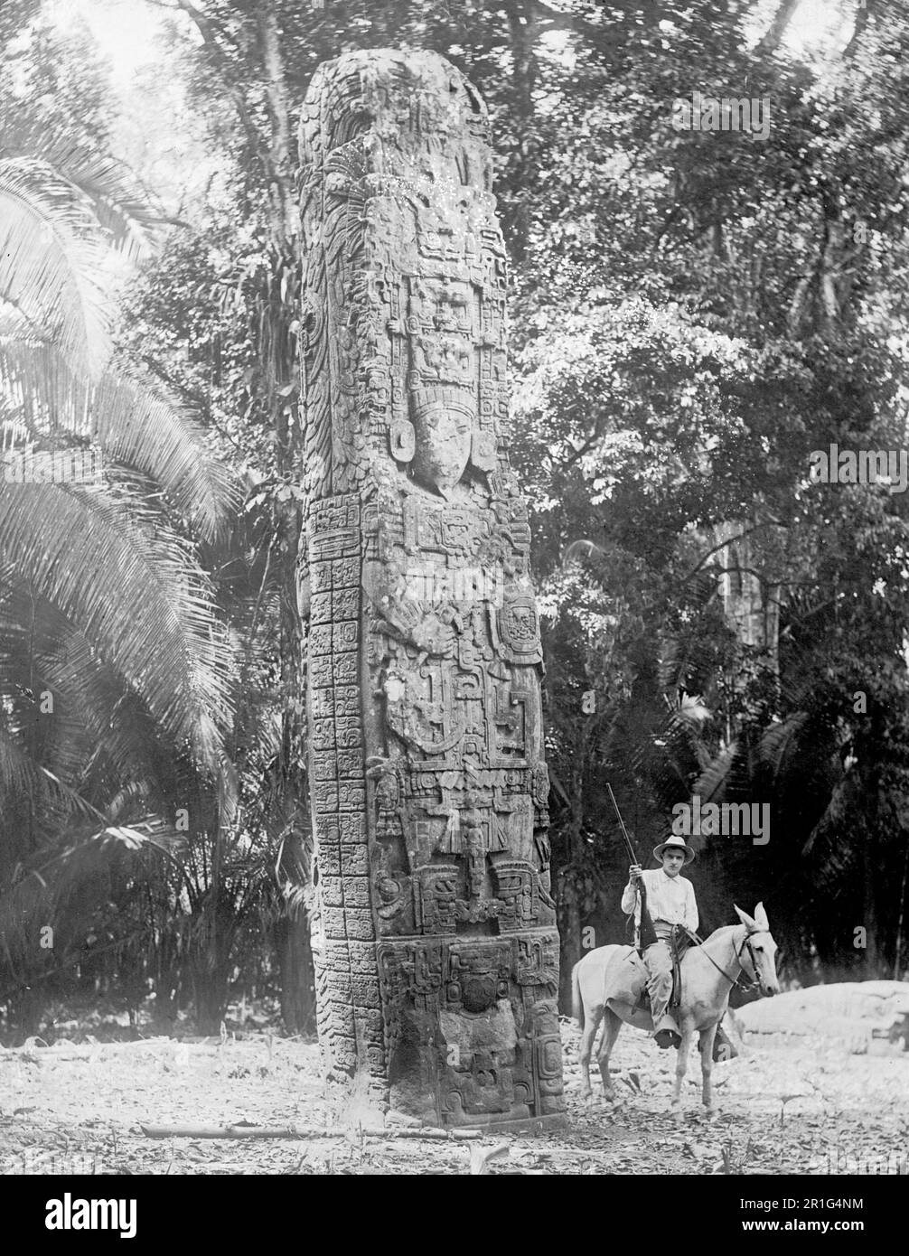 Foto di archivio: Uomo su un cavallo accanto a un monumento in pietra a Quiriguá, un antico sito archeologico Maya in Guatemala ca. 1908-1919 Foto Stock