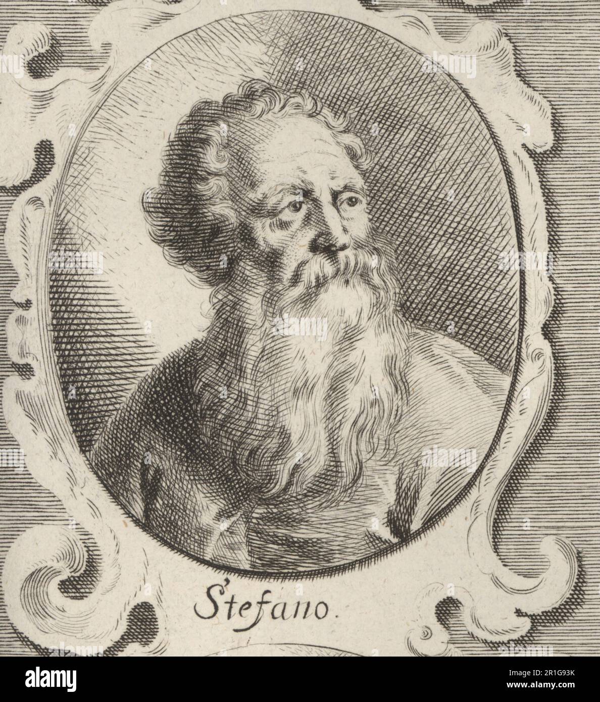 Stefano o Steffano Fiorentino, pittore italiano alla scuola di Giotto, 1301-1350. Secondo Giorgio Vasari, era padre di Giottino. Stefano. Incisione su copperplate di Georg Christoph Eimmart dopo un'illustrazione di Joachim von Sandrart da l’Academia Todesca, della Architectura, scultura & Pittura, oder Teutsche Academie, der Edlen Bau- Bild- und Mahlerey-Kunste, Accademia tedesca di architettura, scultura e pittura, Jacob von Sandrart, Norimberga, 1675. Foto Stock