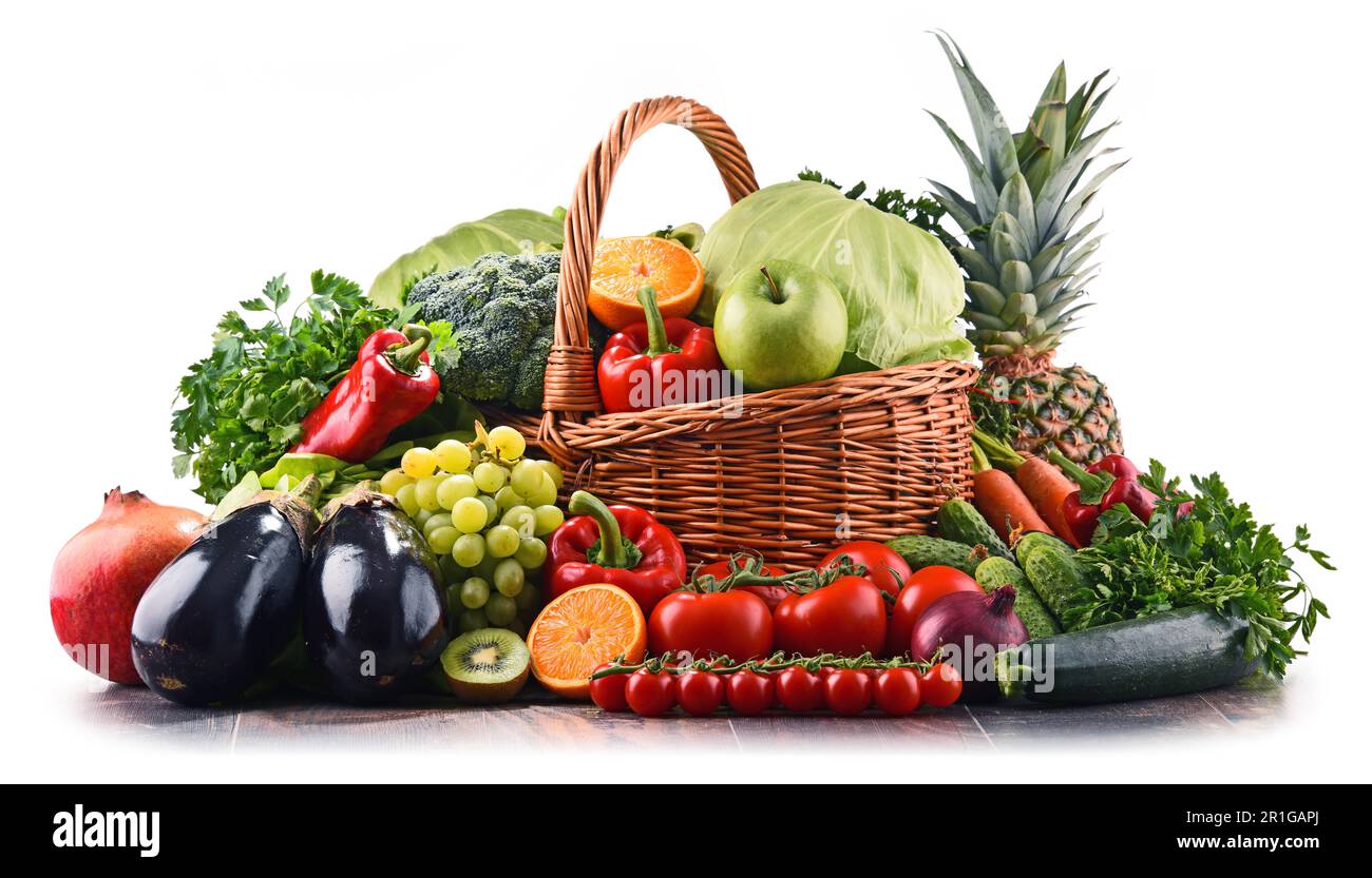 Composizione con un assortimento di materie Organici ortaggi e frutta. Dieta Detox Foto Stock