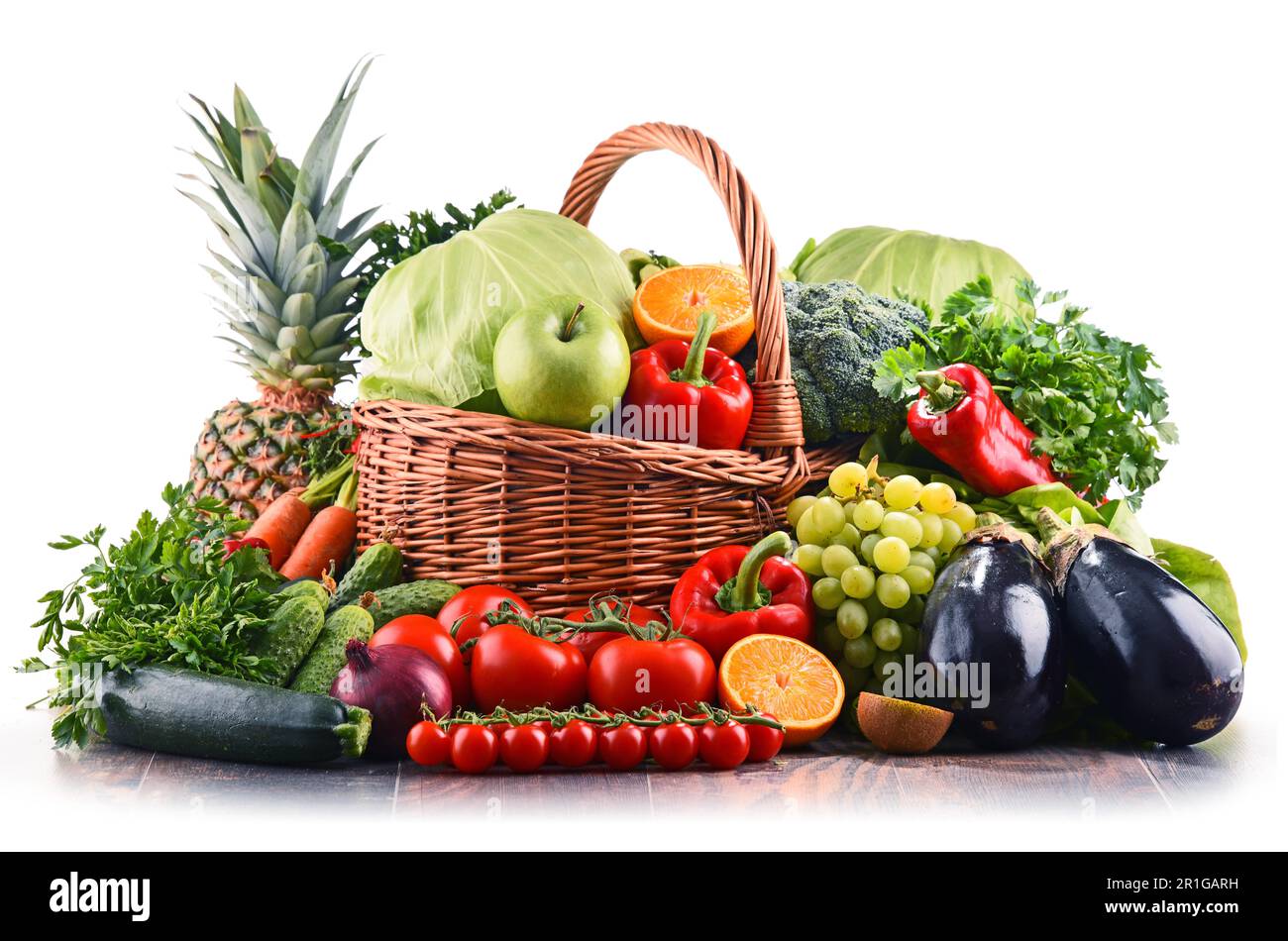 Composizione con un assortimento di materie Organici ortaggi e frutta. Dieta Detox Foto Stock