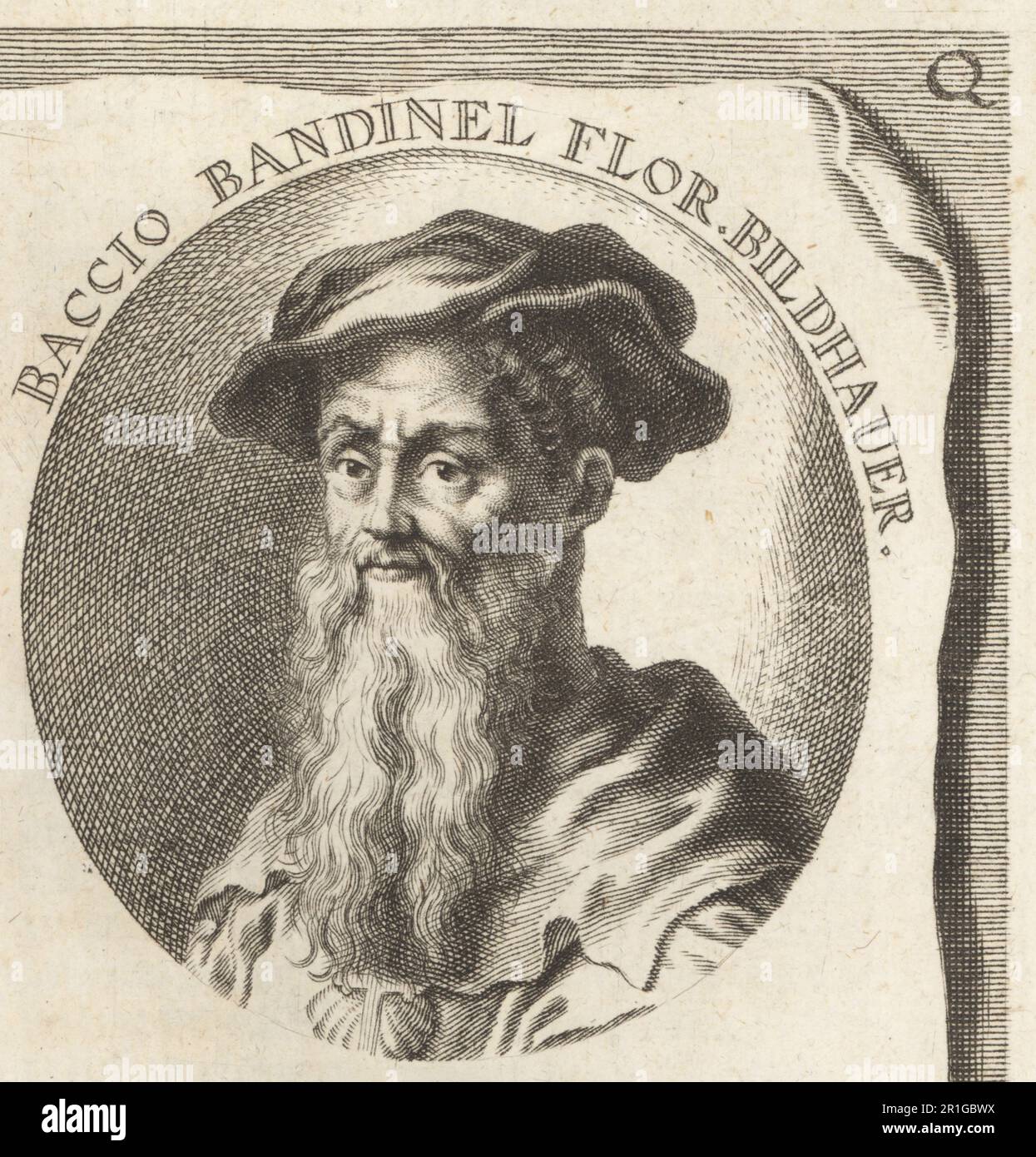 Baccio Bandinelli, o Bartolommeo Brandini, scultore, disegnatore e pittore del Rinascimento italiano, 1493-1560. Baccio Bandinel Flor. Bildhauer. Incisione su copperplate per incisione su copperplate, illustrazione, Joachim von Sandrart, l’Academia Todesca, della architettura, Scultura & Pittura, oder Teutsche Academie, der Edlen Bau- Bild- und Mahlerey-Kunste, Accademia tedesca di architettura, scultura e pittura, Jacob von Sandrart, Norimberga, pittore, Artista, ritratto, profilo, medievale, rinascimentale, Medioevo, Europa, Jacob von Sandrart dopo un'illustrazione di Joachim von Sandrart dalla sua l'ACA Foto Stock