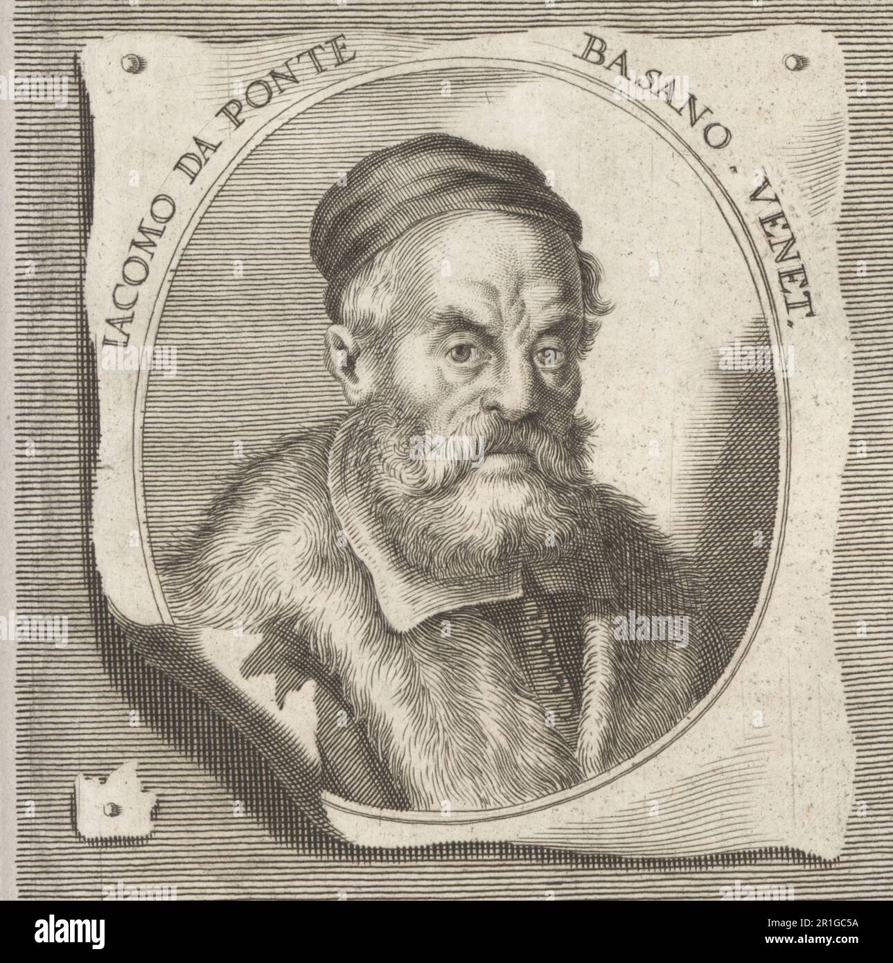 Jacopo Bassano, noto anche come Jacopo dal Ponte, pittore italiano nato e morto a Bassano del Grappa vicino Venezia, circa 1510-1592. Iacomo da Ponte Basano Venet. Incisione su copperplate dopo un'illustrazione di Joachim von Sandrart dalla sua Academia Todesca, della architettura, scultura & Pittura, oder Teutsche Academie, der Edlen Bau- Bild- und Mahlerey-Kunste, Accademia tedesca di architettura, scultura e pittura, Jacob von Sandrart, Norimberga, 1675. Foto Stock