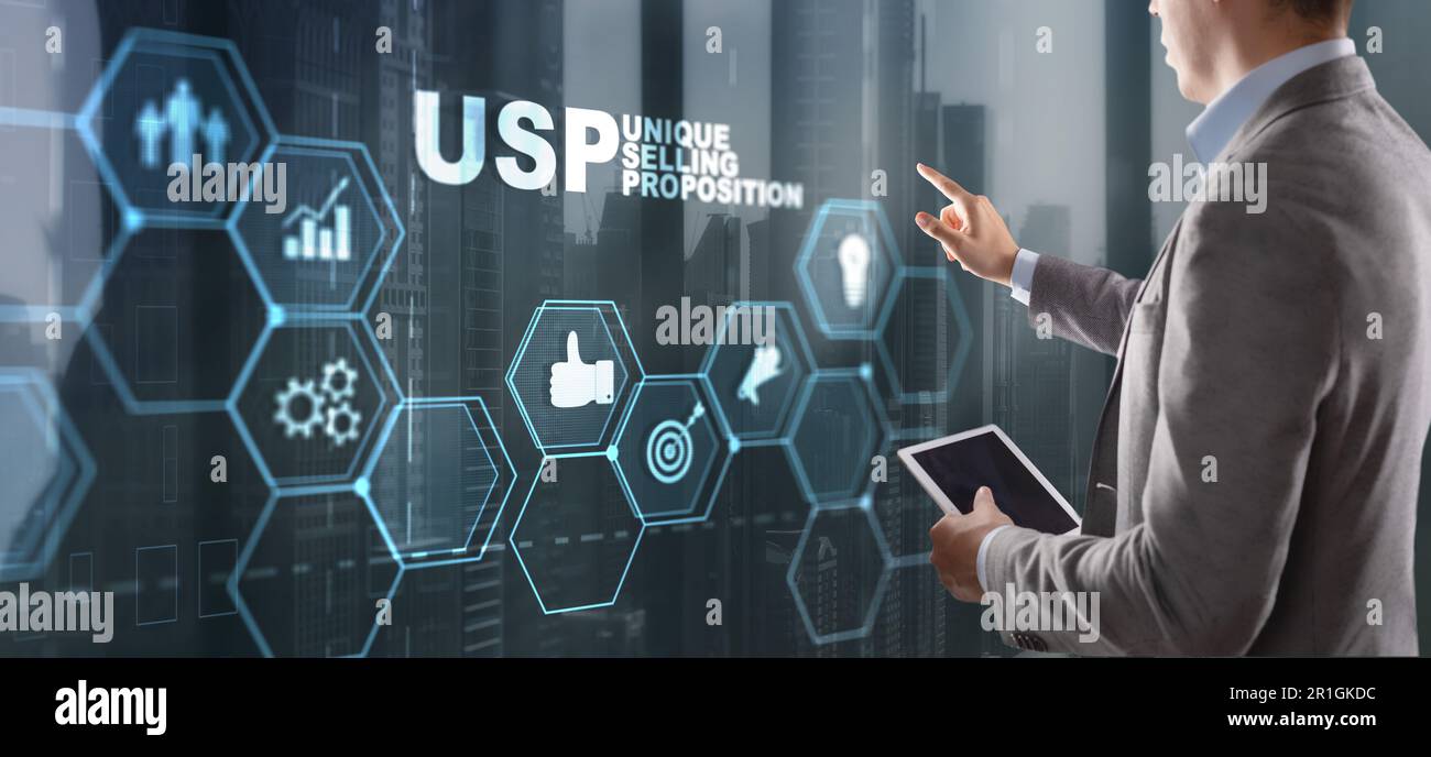 USP. Iscrizione proposta di vendita unica su Virtual Screen. Concetto di marketing e tecnologia. Foto Stock