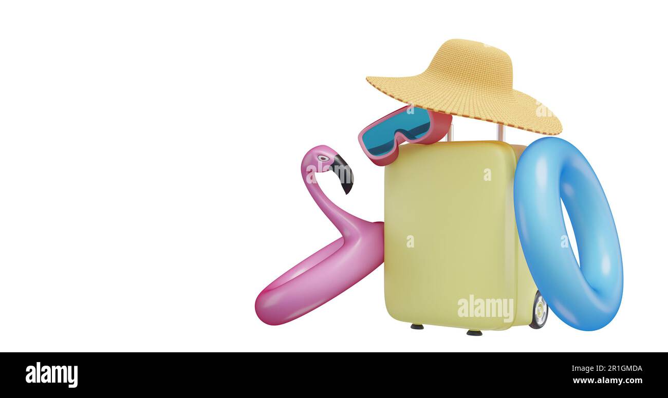 Estate tempo valigia cappello gonfiabile occhiali cerchio su sfondo isolato.3D rendering Foto Stock