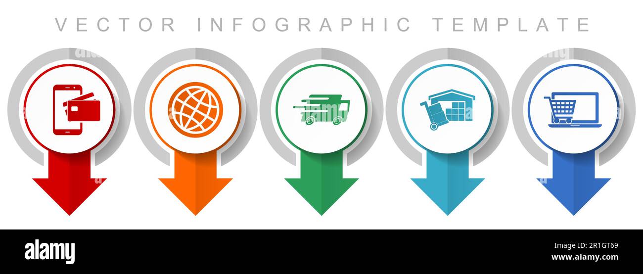 Set di icone commerciali, varie icone puntatore come carta di credito, globo, camion, archiviazione e negozio online per webdesign e applicazioni mobili, moder Illustrazione Vettoriale
