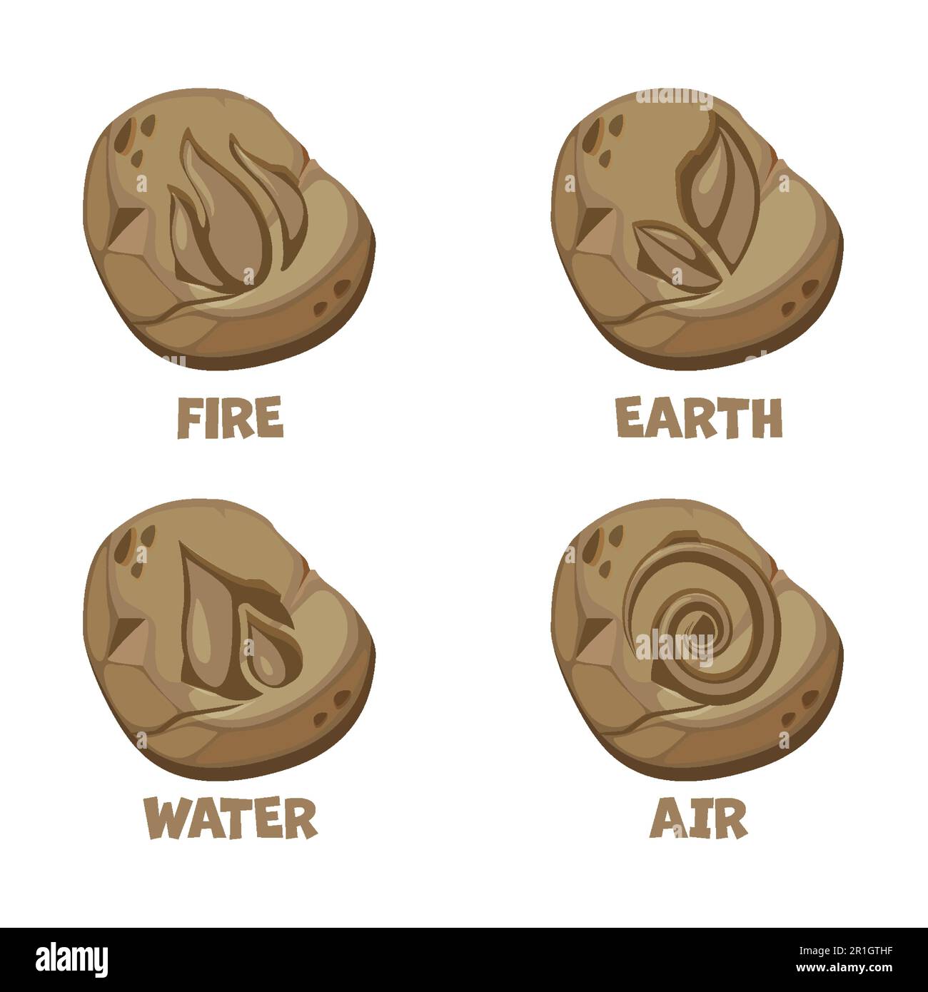 Amuleti pietre-aria, acqua, fuoco, Terra.Abstract Vento, aria, fuoco, design simbolo dell'acqua e della terra su pietre per il gioco o l'app concept. Illustrazione Vettoriale