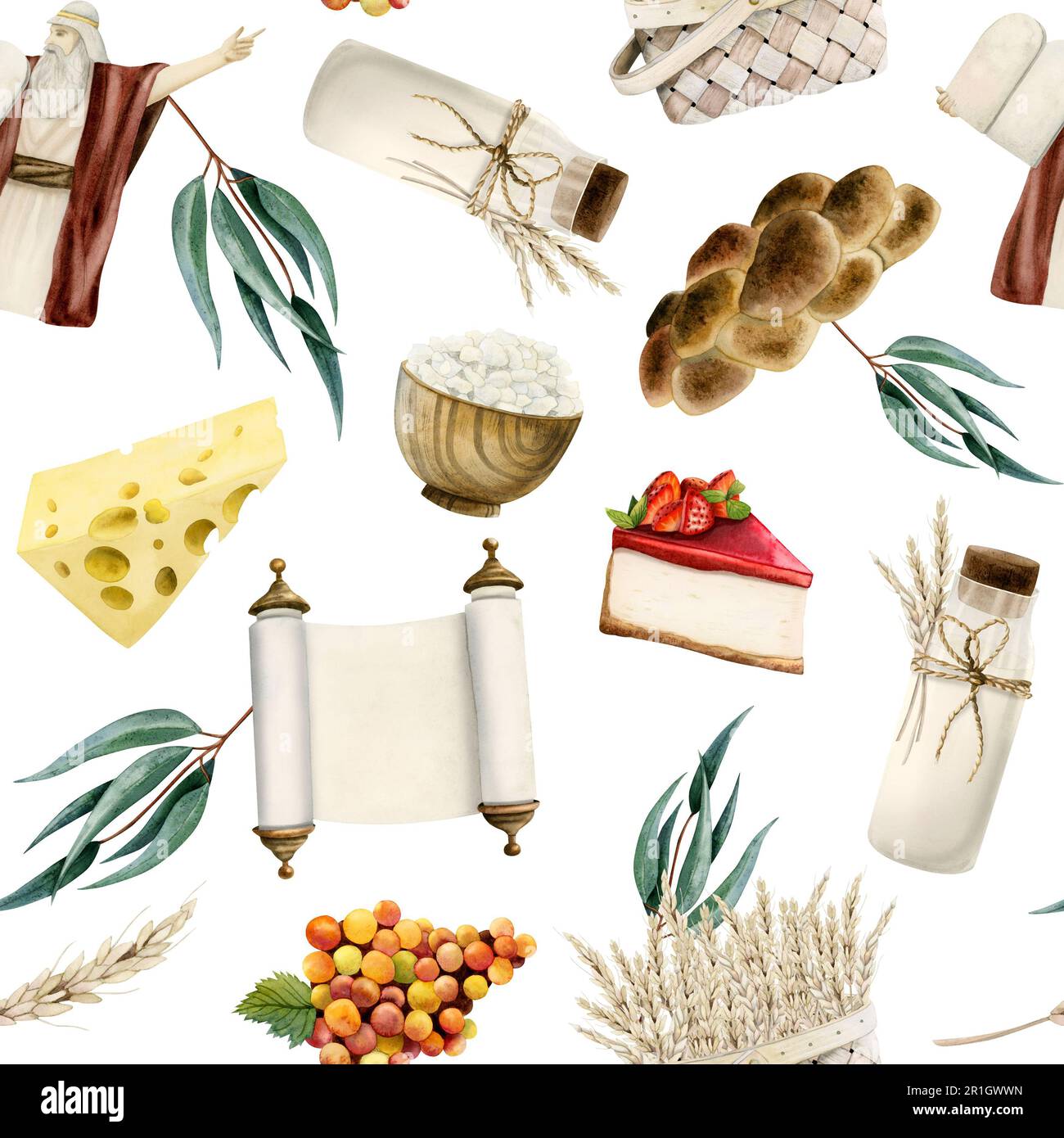 Shavuot motivo senza cuciture con simboli sul bianco per i saluti di imballaggio di festa. Acquerello challah, latte, formaggio, grano Foto Stock