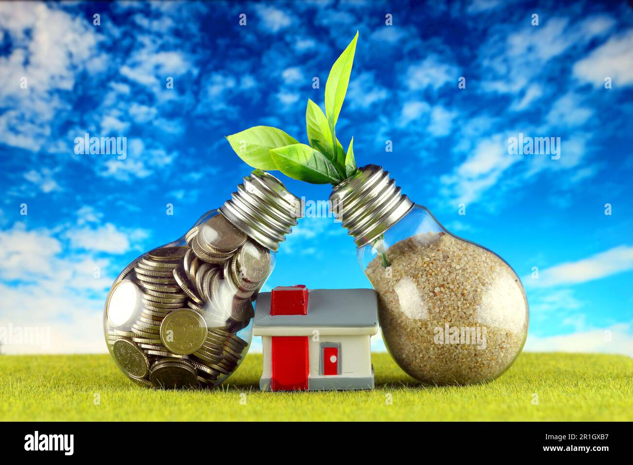 Monete all'interno della lampadina, pianta che cresce all'interno della lampadina e casa in miniatura. Eco-verde energia rinnovabile concetto. Prezzi dell'elettricità, energia s Foto Stock