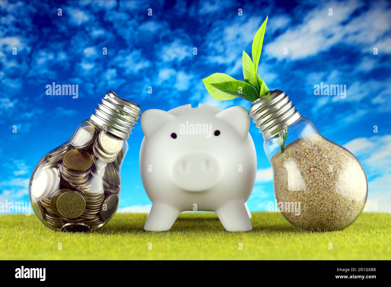 Monete all'interno della lampadina, pianta che cresce all'interno della lampadina e piggy bank. Eco-verde energia rinnovabile concetto. Prezzi dell'elettricità, risparmio energetico Foto Stock