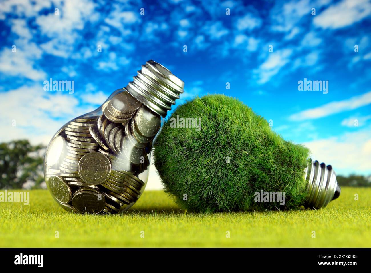 Monete all'interno della lampadina e lampadina verde eco con erba. Concetto di energia rinnovabile. I prezzi dell'elettricità, il risparmio energetico in famiglia. Foto Stock