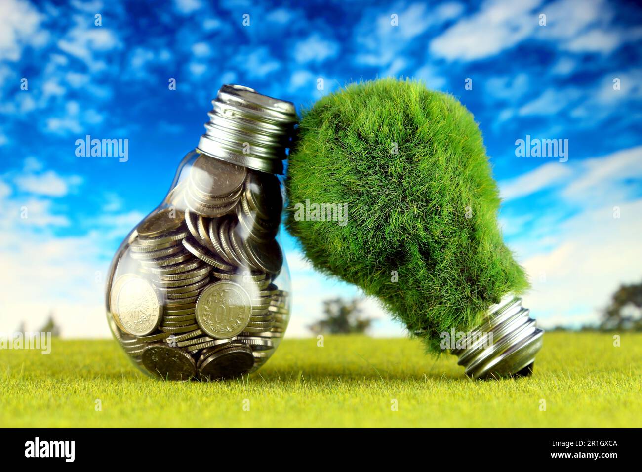 Monete all'interno della lampadina e lampadina verde eco con erba. Concetto di energia rinnovabile. I prezzi dell'elettricità, il risparmio energetico in famiglia. Foto Stock