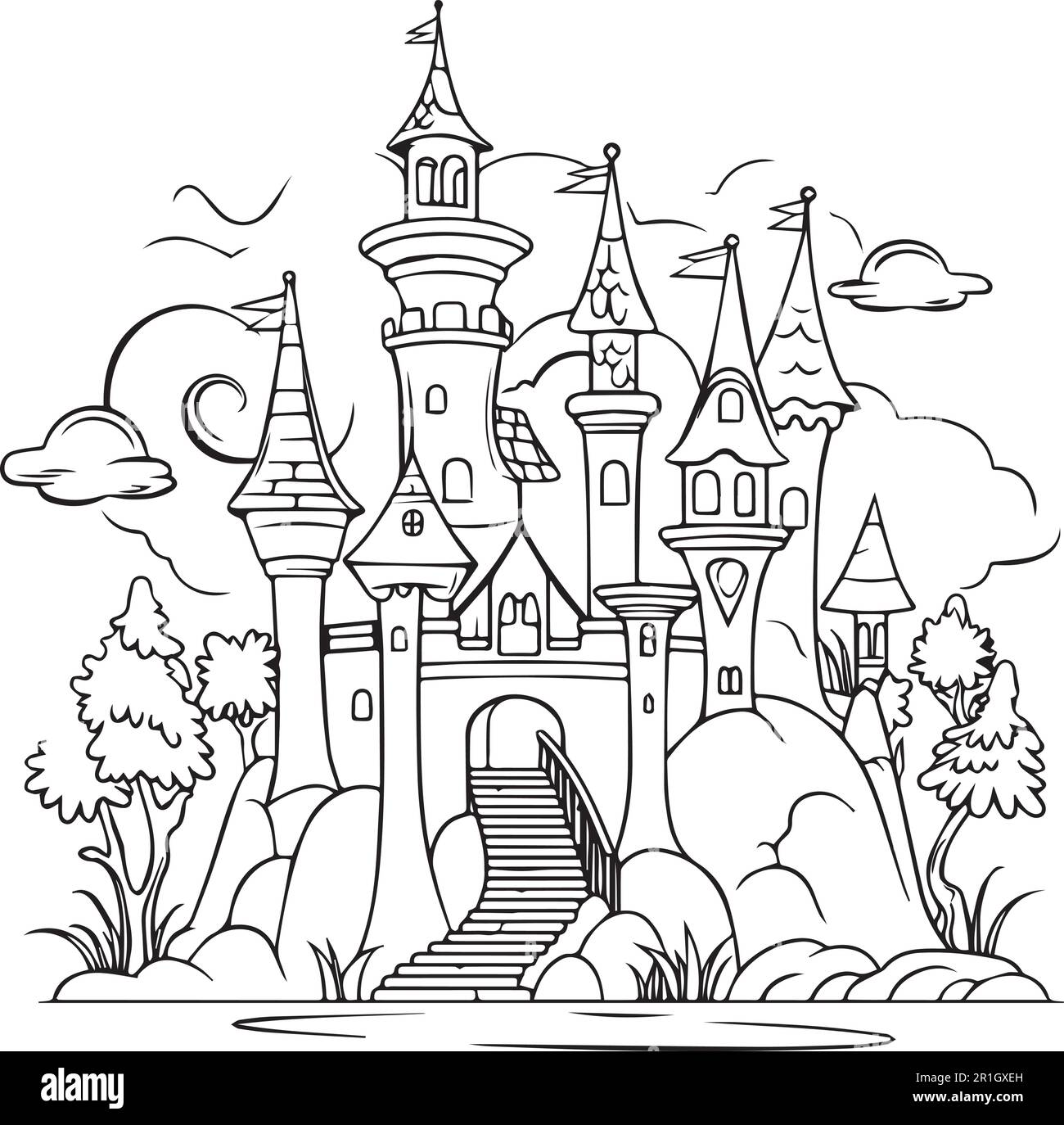 Una pagina da colorare del castello dei cartoni animati per gli adulti. Illustrazione Vettoriale