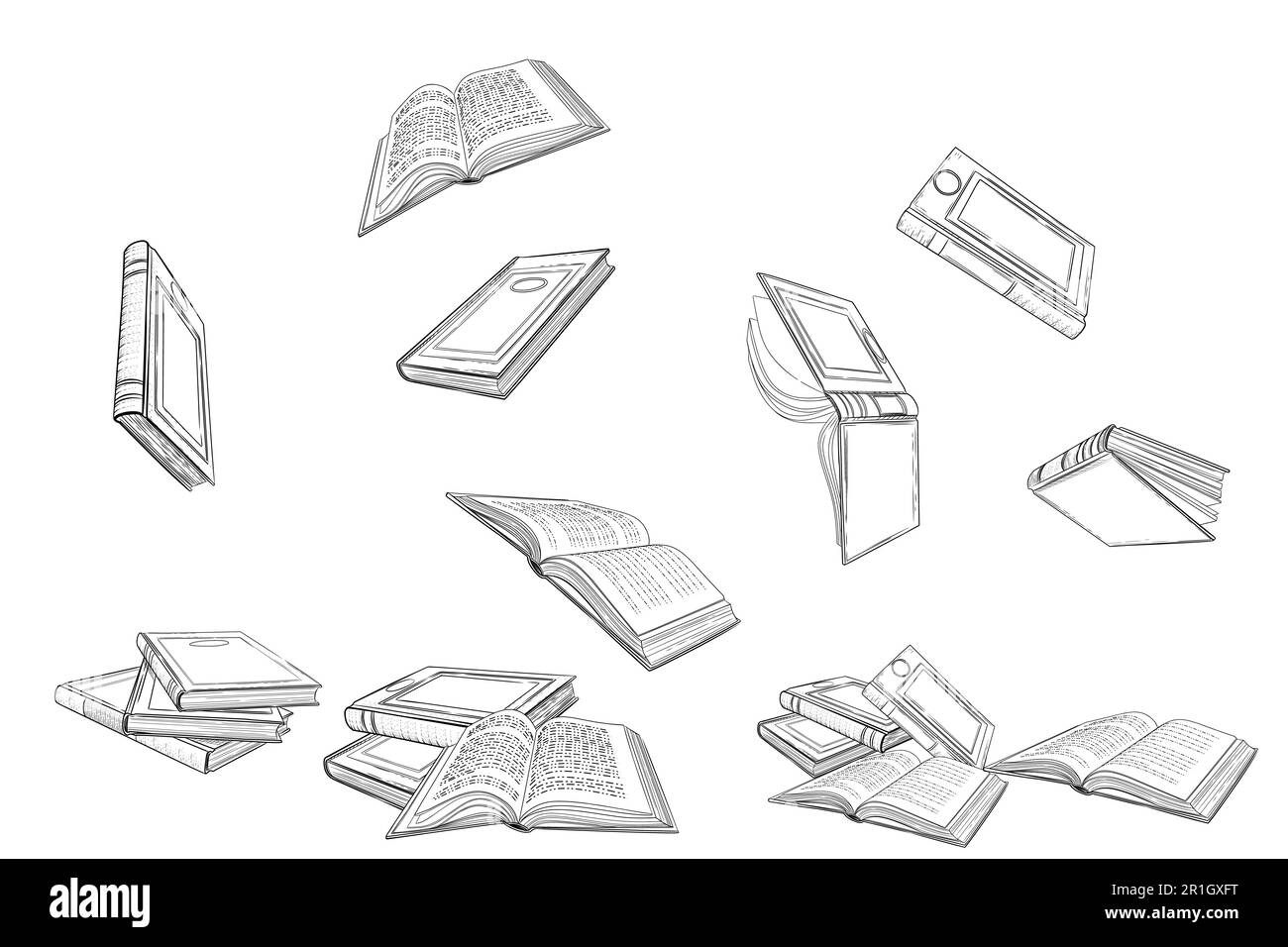 Libri diversi che cadono dall'illustrazione del vettore di disegno di schizzo superiore su sfondo bianco Illustrazione Vettoriale
