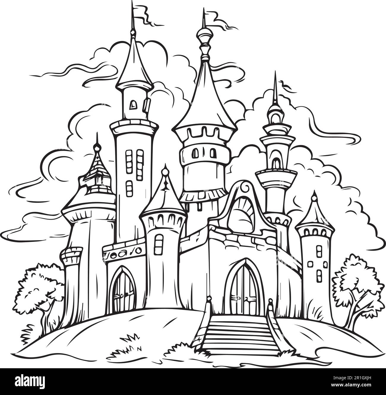 Una complessa pagina da colorare del castello delle fiabe per adulti. Illustrazione Vettoriale