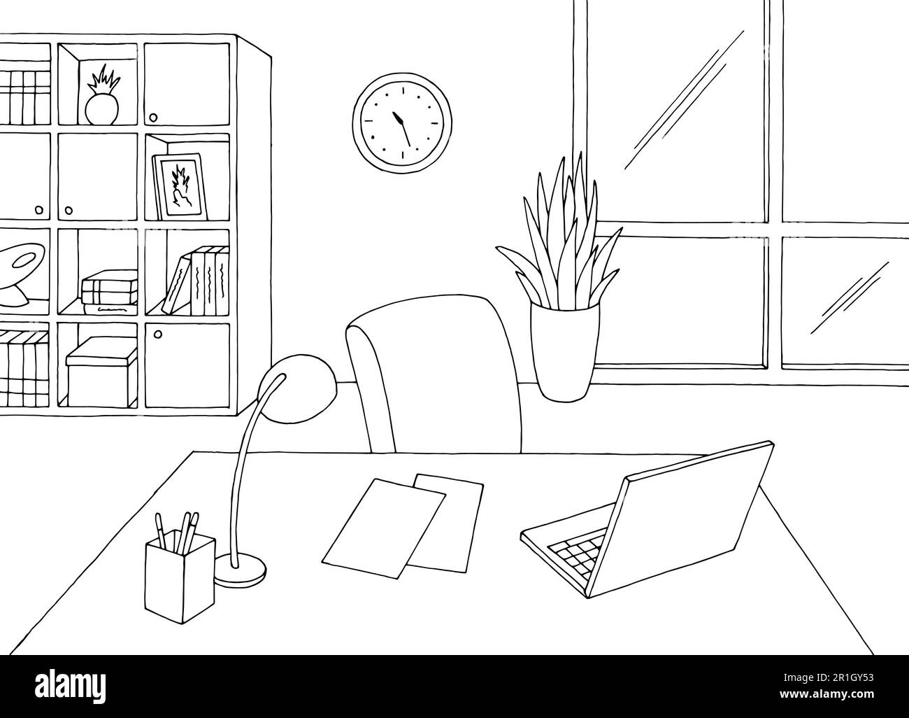 Vista della scrivania in ufficio grafica bianco nero interno disegno vettore di illustrazione Illustrazione Vettoriale