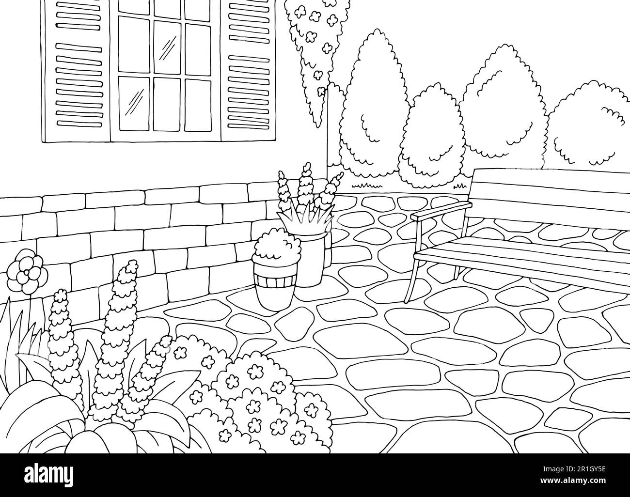 Panca nel giardino grafica bianco nero disegno vettore illustrazione Illustrazione Vettoriale