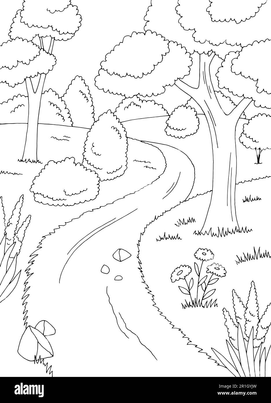 Albero per strada nella foresta grafica bianco nero paesaggio disegno vettore di illustrazione Illustrazione Vettoriale