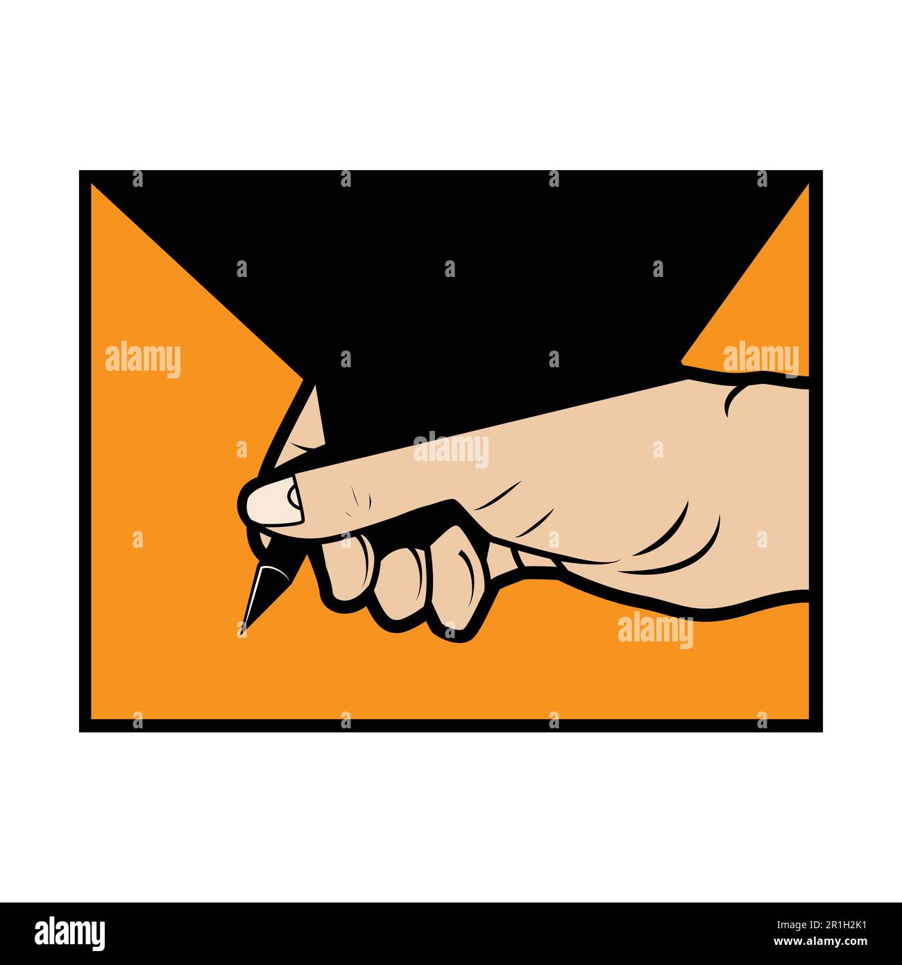 Una mano che tiene una penna e scrive su uno sfondo arancione. Illustrazione Vettoriale