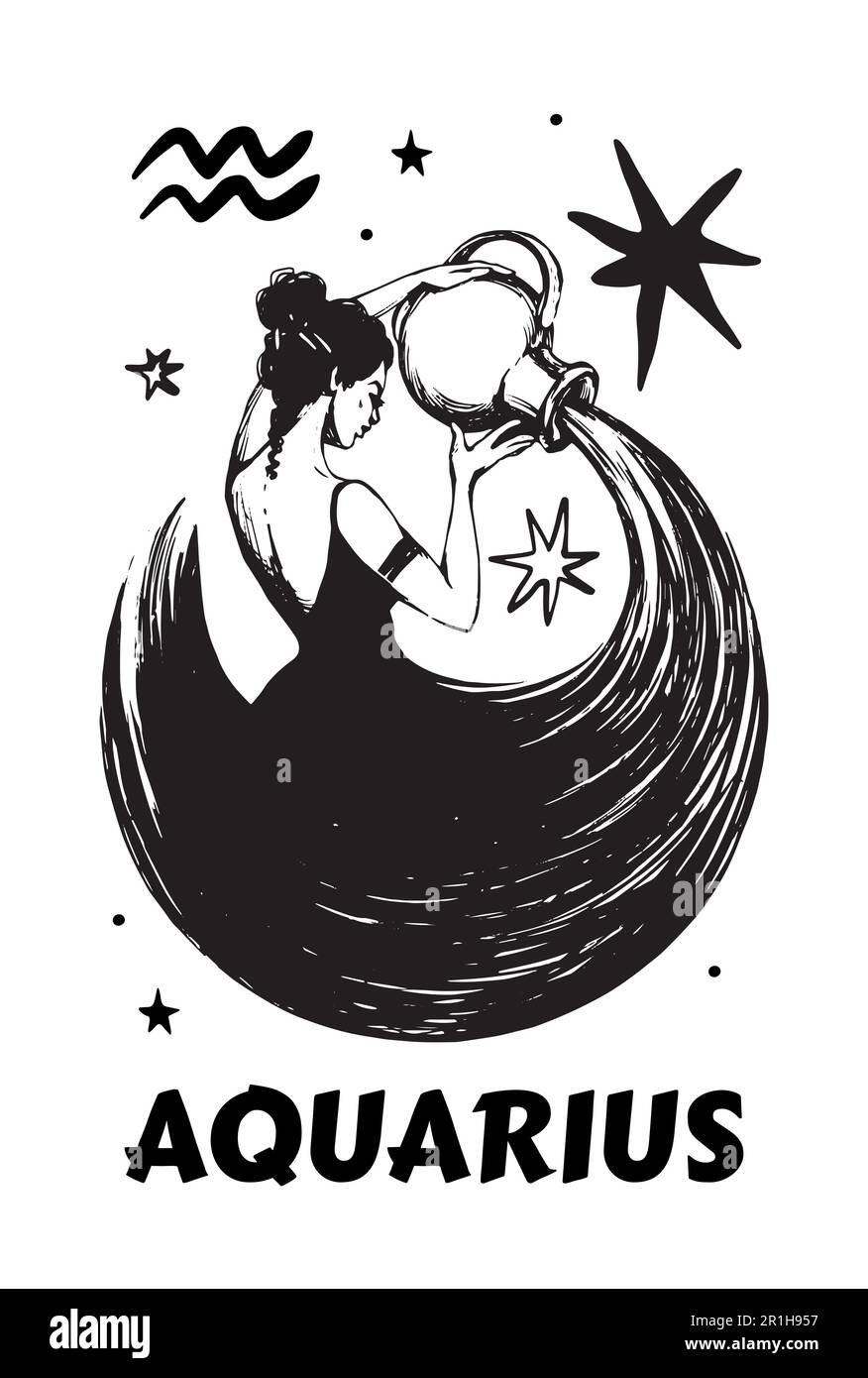 Segno zodiaco Acquario, bella donna in un vestito versa acqua da una brocca, astrologia boho card, elemento aria. Disegno a mano vintage vettoriale, mistica moderna Illustrazione Vettoriale