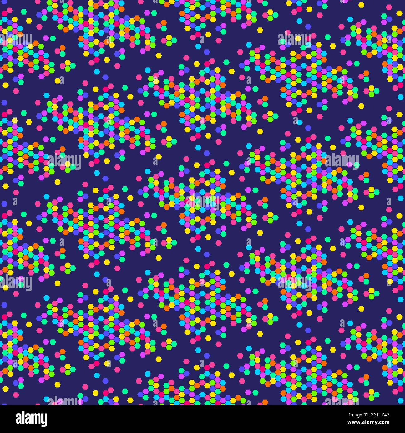 Caotico neon senza cuciture motivo di gruppi di esagoni multicolore in sequenza geometrica blu scuro cielo notturno. Ornamento per stampa su tessuto, copertina Illustrazione Vettoriale