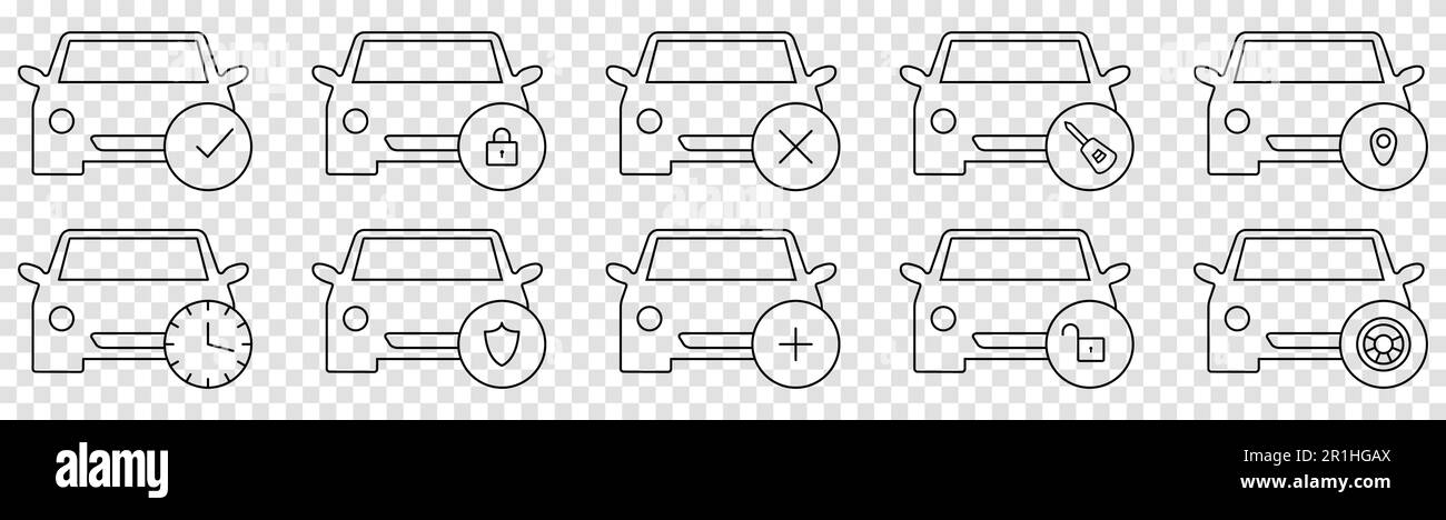 Set di icone per la condivisione di auto sottili. Illustrazione vettoriale isolata su sfondo trasparente Illustrazione Vettoriale