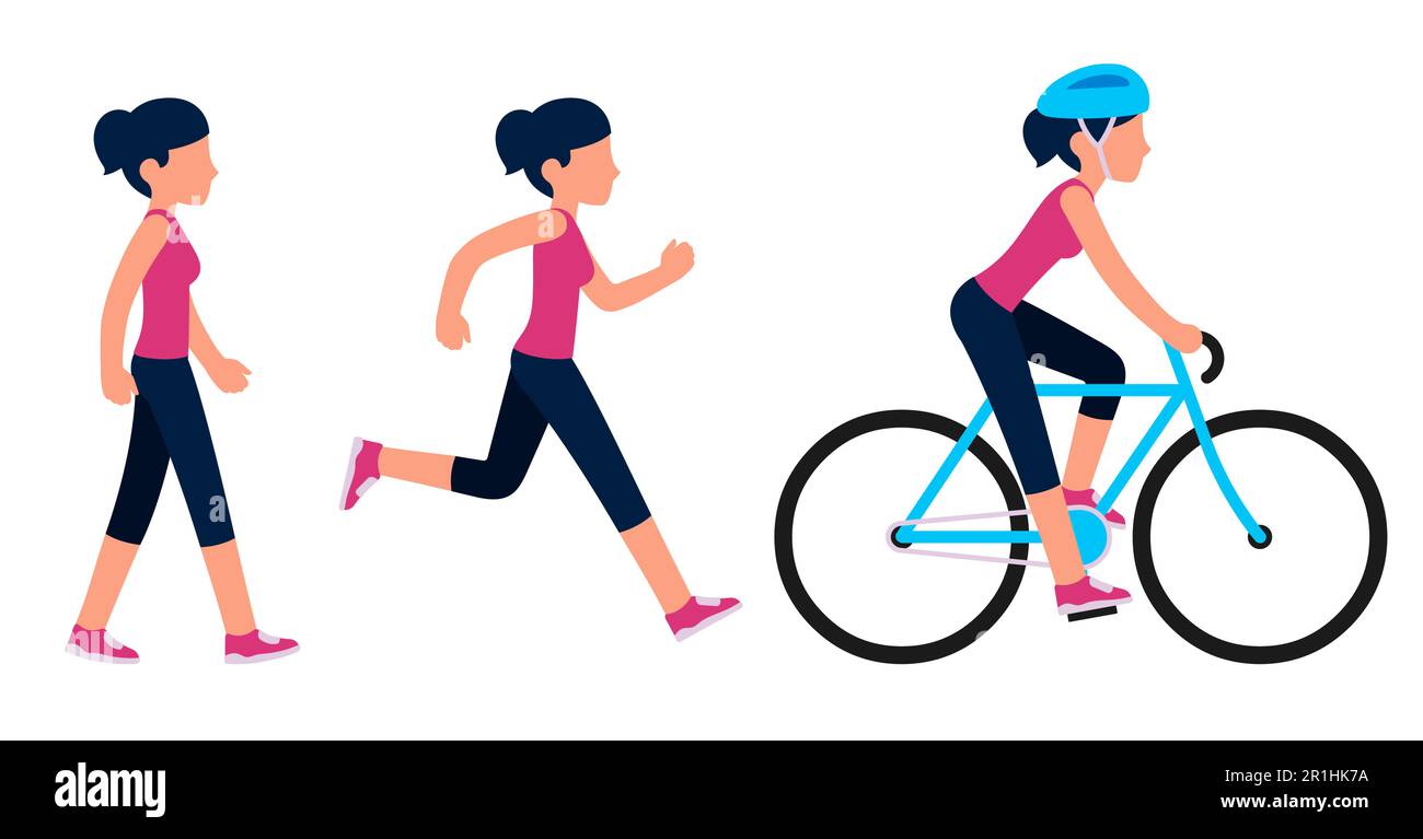 Donna figura camminare, correre e andare in bicicletta. Livello di fitness e attività cardio. Semplice set di illustrazioni vettoriali in stile cartoon piano. Illustrazione Vettoriale