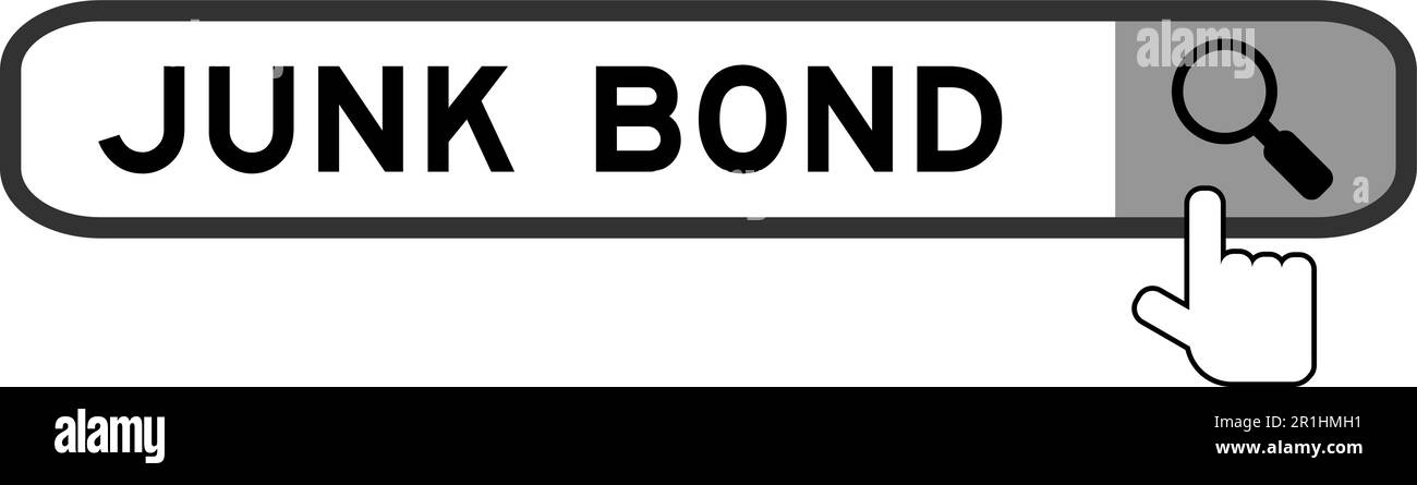 Banner di ricerca in parola junk bond con l'icona della lente di ingrandimento mano su sfondo bianco Illustrazione Vettoriale