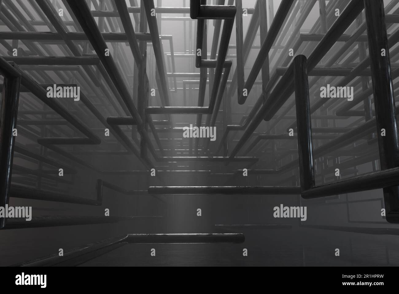 Silhouette di tubi di gas croccanti di una fabbrica in nebbia. Illustrazione come elemento di design per sfondi di disegno web e presentazioni Foto Stock